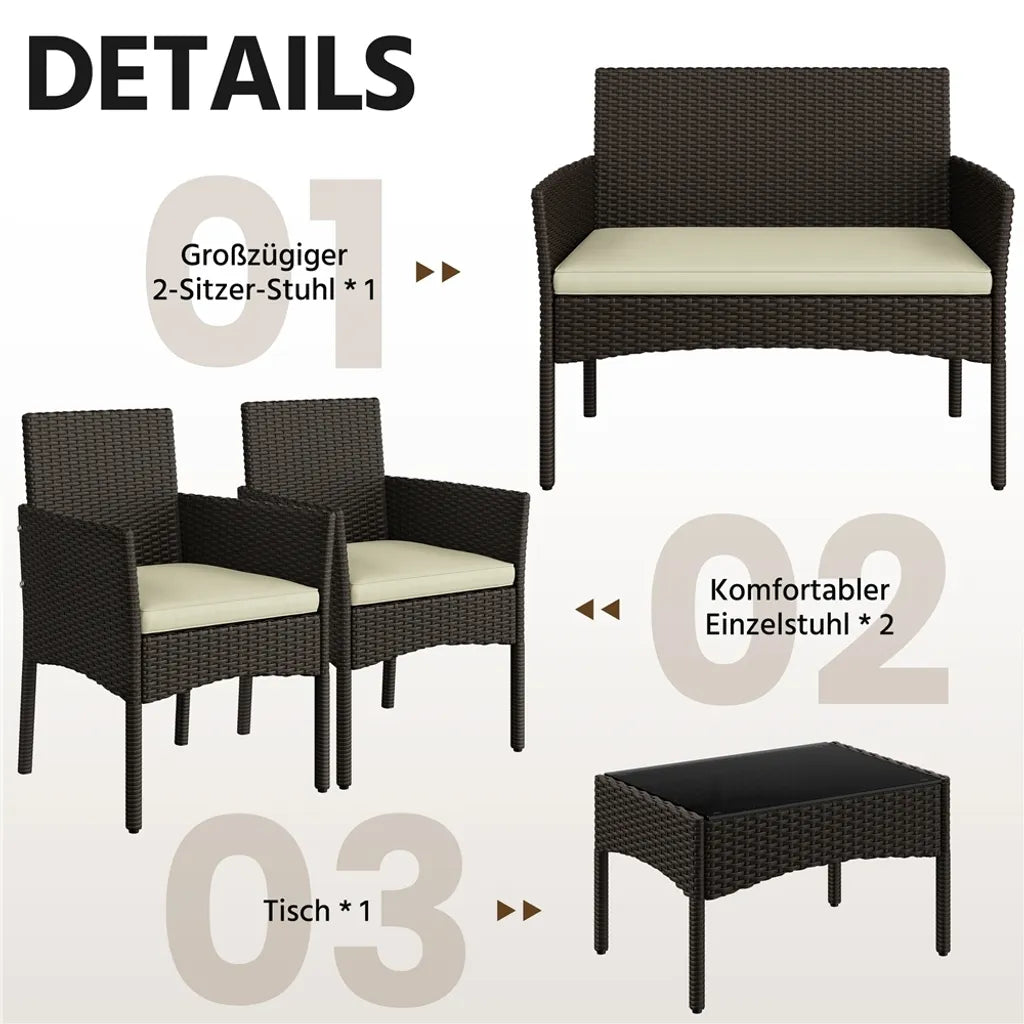 Yaheetech Polyrattan Loungeset 4-delig - Bruin/Beige - Tuinset met 2-zitsbank, 2 Stoelen en Tafel