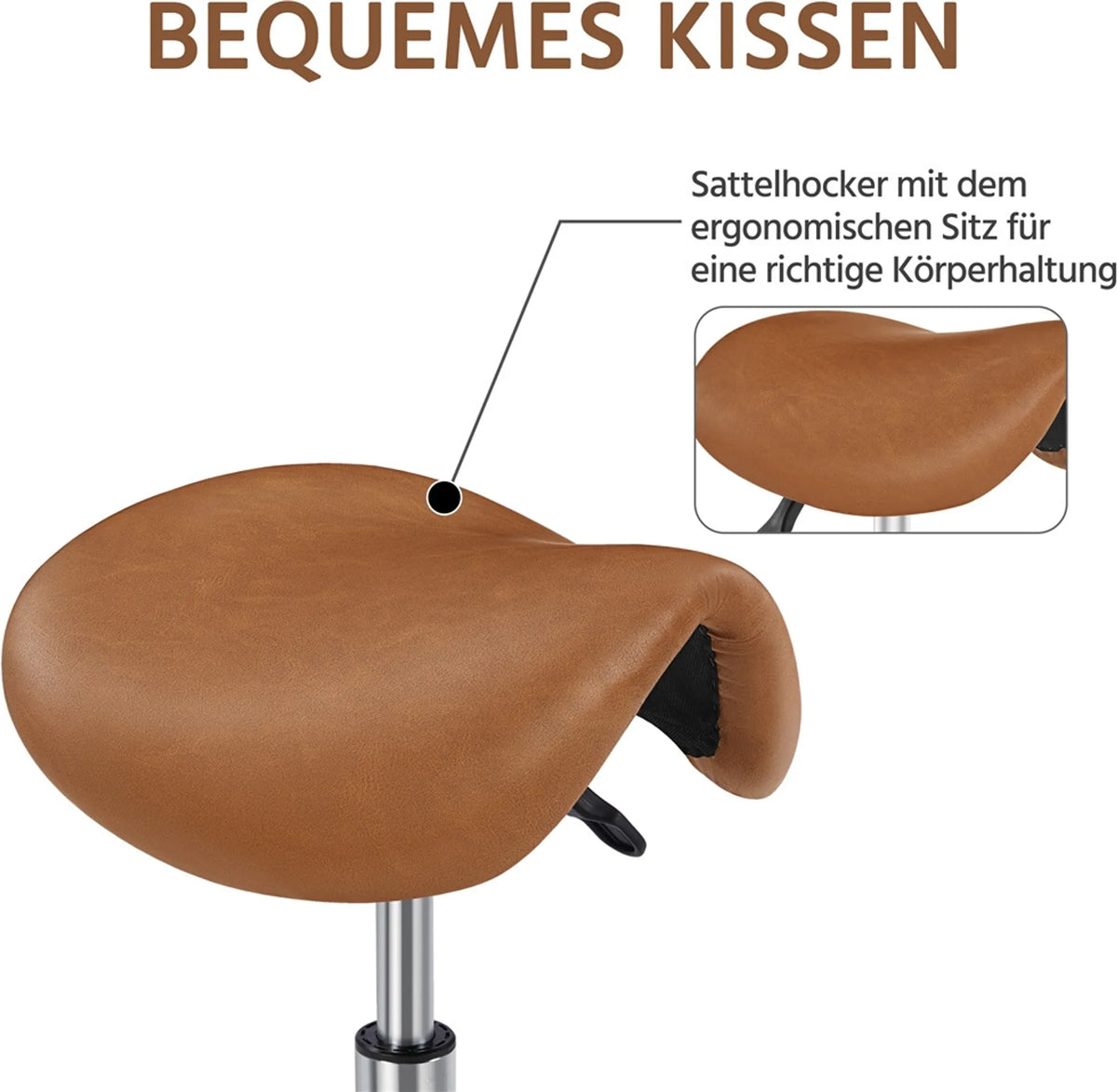 Yaheetech Zadelkruk Ergonomisch – Voorzien Van In Hoogte Verstelbare SGS-Gaslift En 360° Draaibare Nylon Wielen En Verchroomd Onderstel – Voor Kapsalon En Praktijk – Retro Bruin PU Kunstleer En Metaal – 50 x 50 x 45,5-60 cm