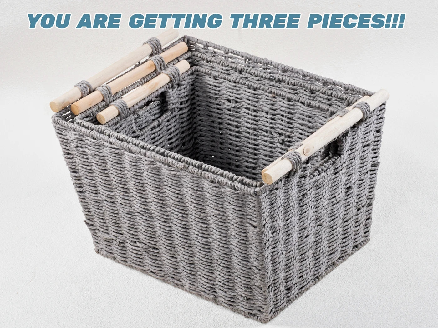 KEVAHOME Handgeweven Opbergmanden met Houten Handgrepen - Set van 3 - Natuurlijk en Decoratief