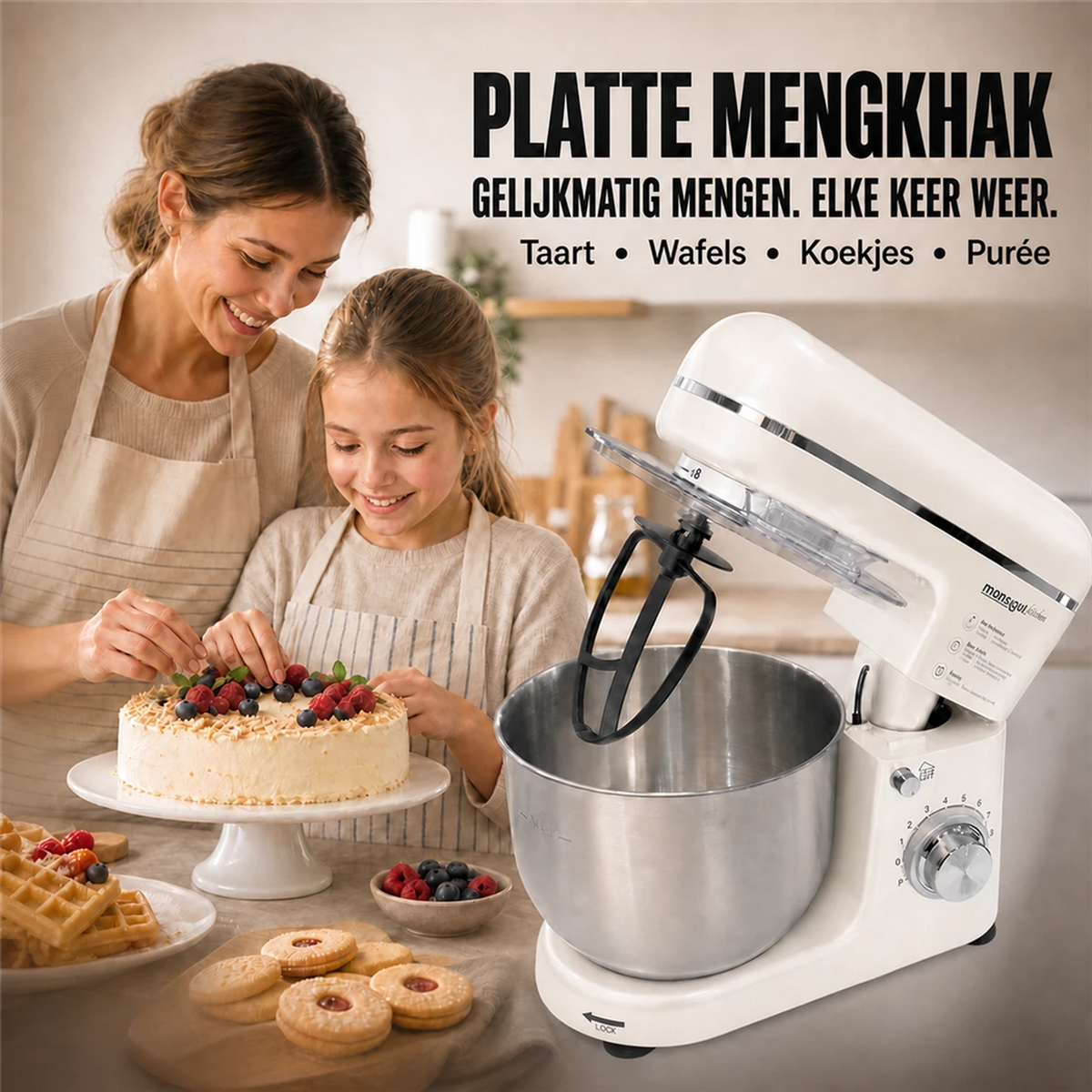 MONSGA SM100 keukenmachine - 1000 W - 5 L mengkom - crèmewit