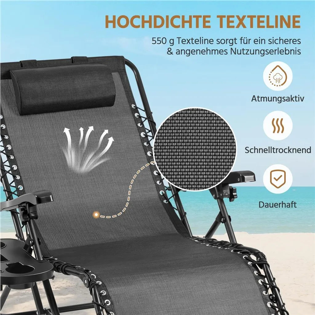 Yaheetech Zero Gravity Ligstoel 166,5 x 74,5 cm - Verstelbaar - Opvouwbaar - Hoofdkussen - Bekerhouder - Zwart