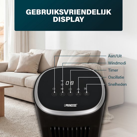 Princess DC Torenventilator 101cm – Extra Stil - 12 Snelheden – Oscillatie – Timer 1-8uur – Met Afstandsbediening - Staande Ventilator – 50W– Zwart - 352390