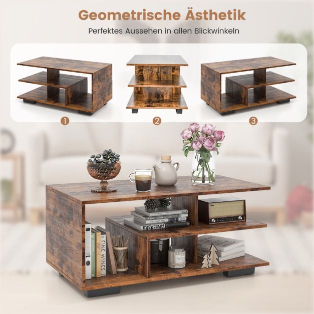 Coast Salontafel met 3 Niveaus – 90 x 50 x 42 cm – Naturel/Wit of Rustiek Bruin