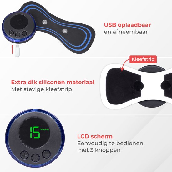 Nuvance - EMS Massage Apparaat met Bediening - 6 Herbruikbare Massage Matjes - Stimuleert Bloedsomloop - Geschikt voor Rug, Armen en Benen - Draadloos - 8 Standen en 19 Intensiteiten - Zwart/Blauw