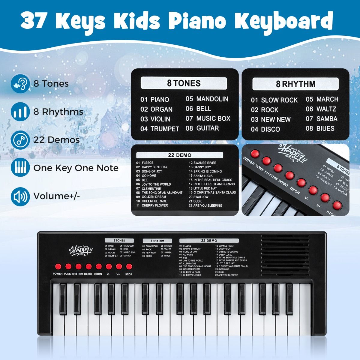 Coast Kinderkeyboard - 37 toetsen - 8 ritmes - met microfoon - zwart
