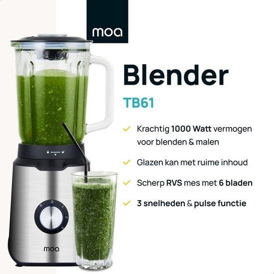 MOA - Krachtige blender - Met glazen kan - 1,5 liter - 1000 watt - TB61 - Roestvrij staal