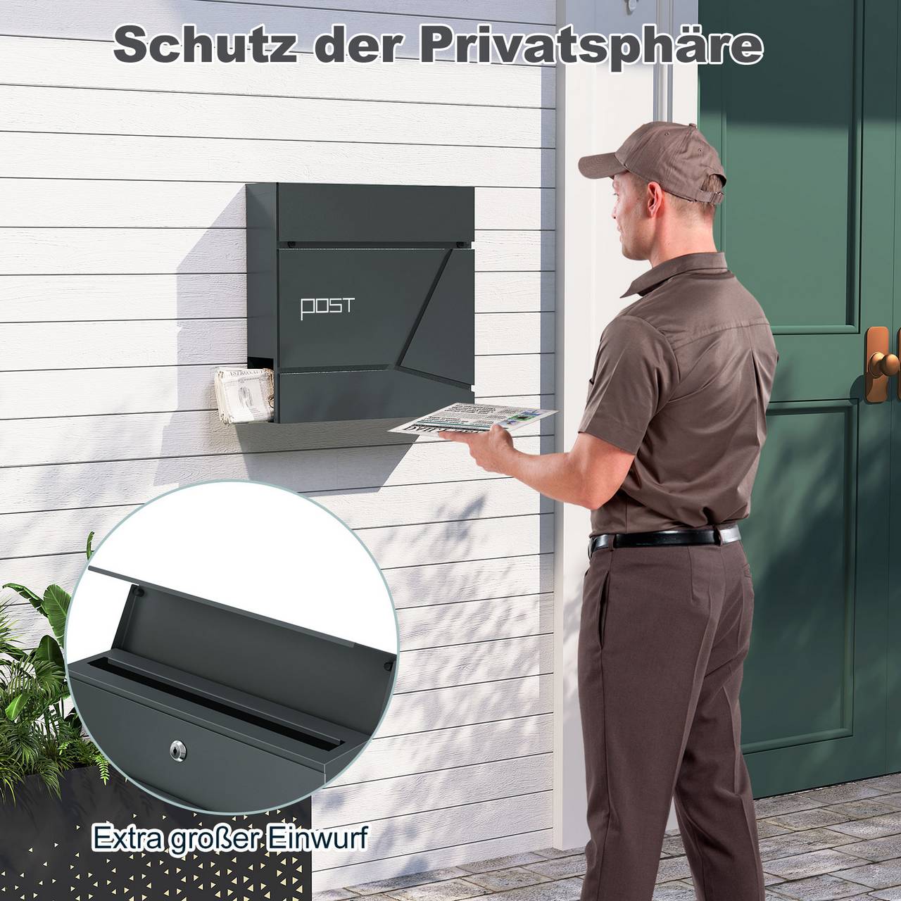 Woltu Brievenbus met Krantenvak - Antraciet - Staal - 37 x 37 x 10,5 cm