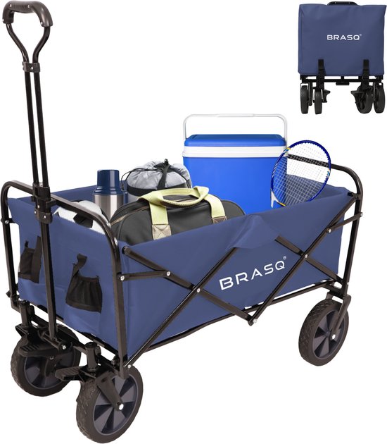 BRASQ Bolderkar Opvouwbaar - 100 Liter - 80 KG Draagkracht - Draaibare wielen mét rem - 90x51x100 CM - Verstelbare hendel - Inklapbare Bolderwagen - Compact – Blauw