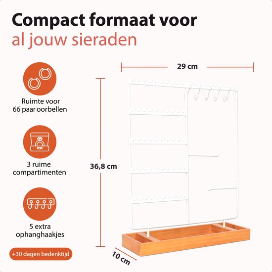 Posity Sieradenrekje – Sieradenhouder – Oorbellenrekje – Juwelen houder – Voor kettingen/armbanden/ringen/Juwelen – Hout & metaal – Wit