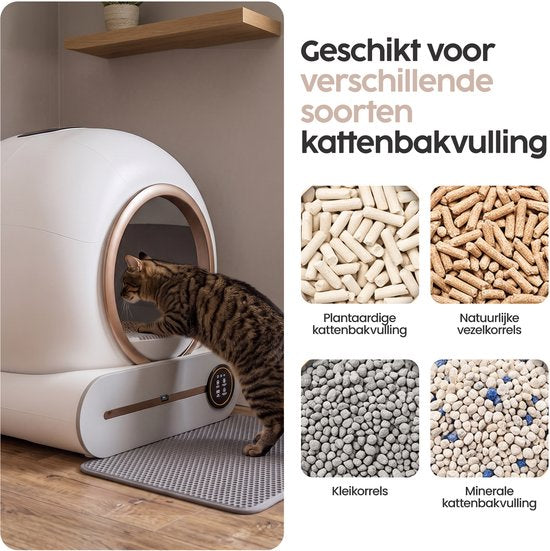 Infinity Goods Automatische Kattenbak XXL - Zelfreinigende Kattenbak - Incl. App - 75L - Met Kattenbakmat en 3 Rollen Opbergzakjes - Wit/Roségoud