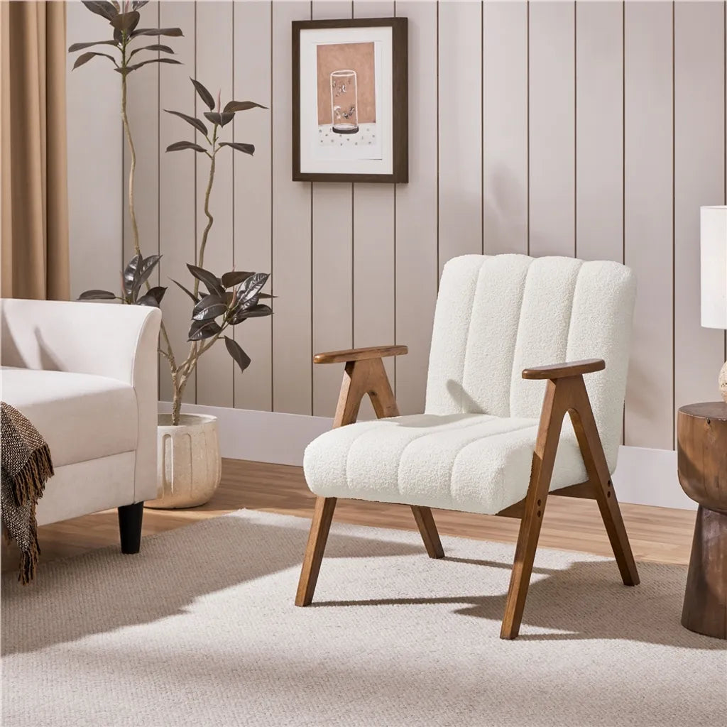 Yaheetech Fauteuil Wit – Bouclé Loungestoel met Armleuningen en Houten Poten – 60,5 x 68,5 x 73 cm