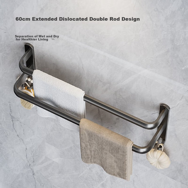 Handdoekrek met Dubbele Stang - 60 cm - Aluminium - Mat Metallic - Zonder Boren te Monteren - 10,1 x 10,5 x 58,4 cm