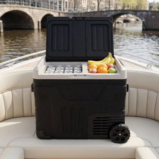 Auronic Elektrische Koelbox - Compressor - 2 Zones - 45L - 12/24V en 240V - Koelen en Vriezen - Camping Koelkast - Frigobox Auto - Met Wielen en Hendel - Zwart