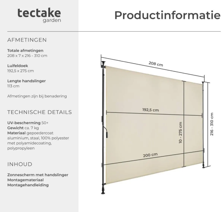 tectake Zonnescherm Taija - Klemzonwering met Zwengel - 200 x 310 cm - UV50+ - Beige