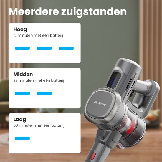 Auronic Steelstofzuiger Draadloos 220W - Draadloze Stofzuiger - HEPA Filter - Zelfstaand - Op Accu - Zonder Zak - Kruimeldief - Vacuum Cleaner - Grijs/Rood