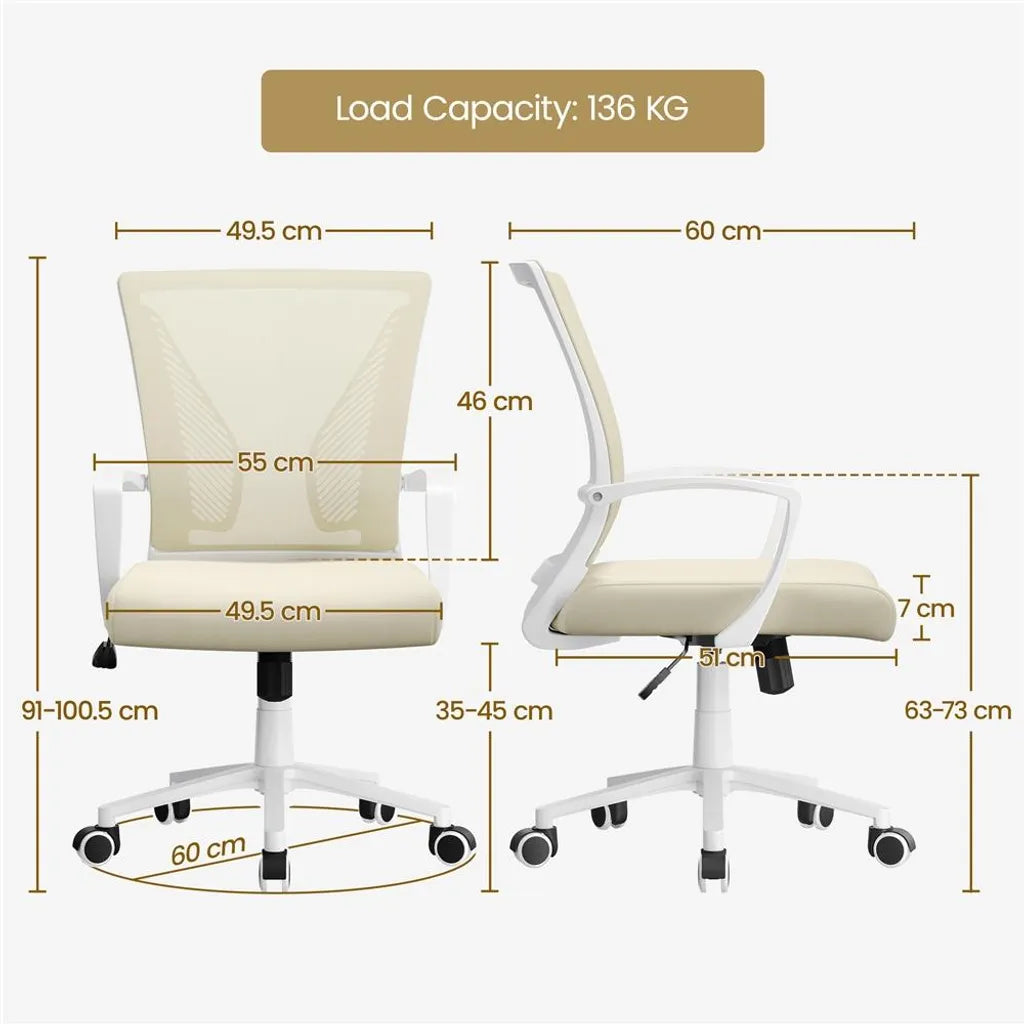 Yaheetech Ergonomische Bureaustoel 60 x 60 x 91-100,5 cm - Beige - Verstelbare Draaistoel met Mesh Rugleuning