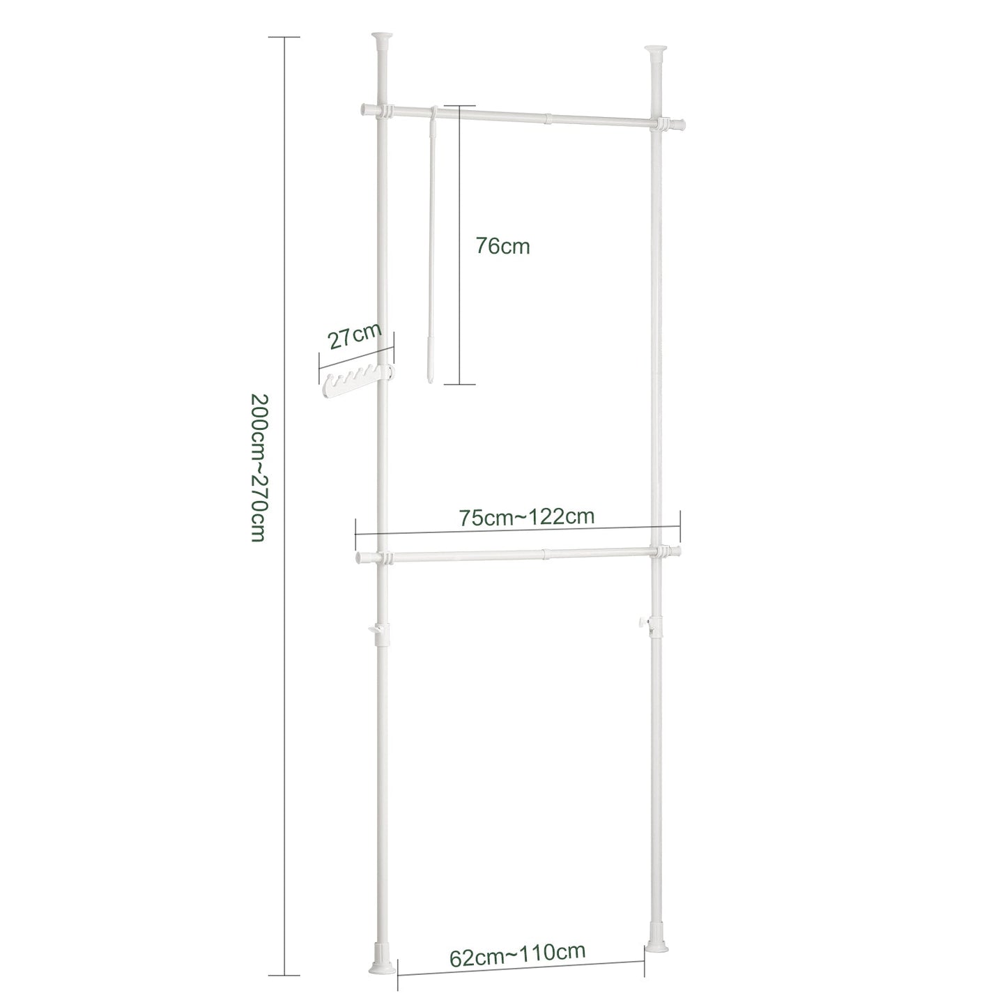SoBuy Kledingrek Telescopisch - Verstelbaar - 126 x 295 cm - Wit