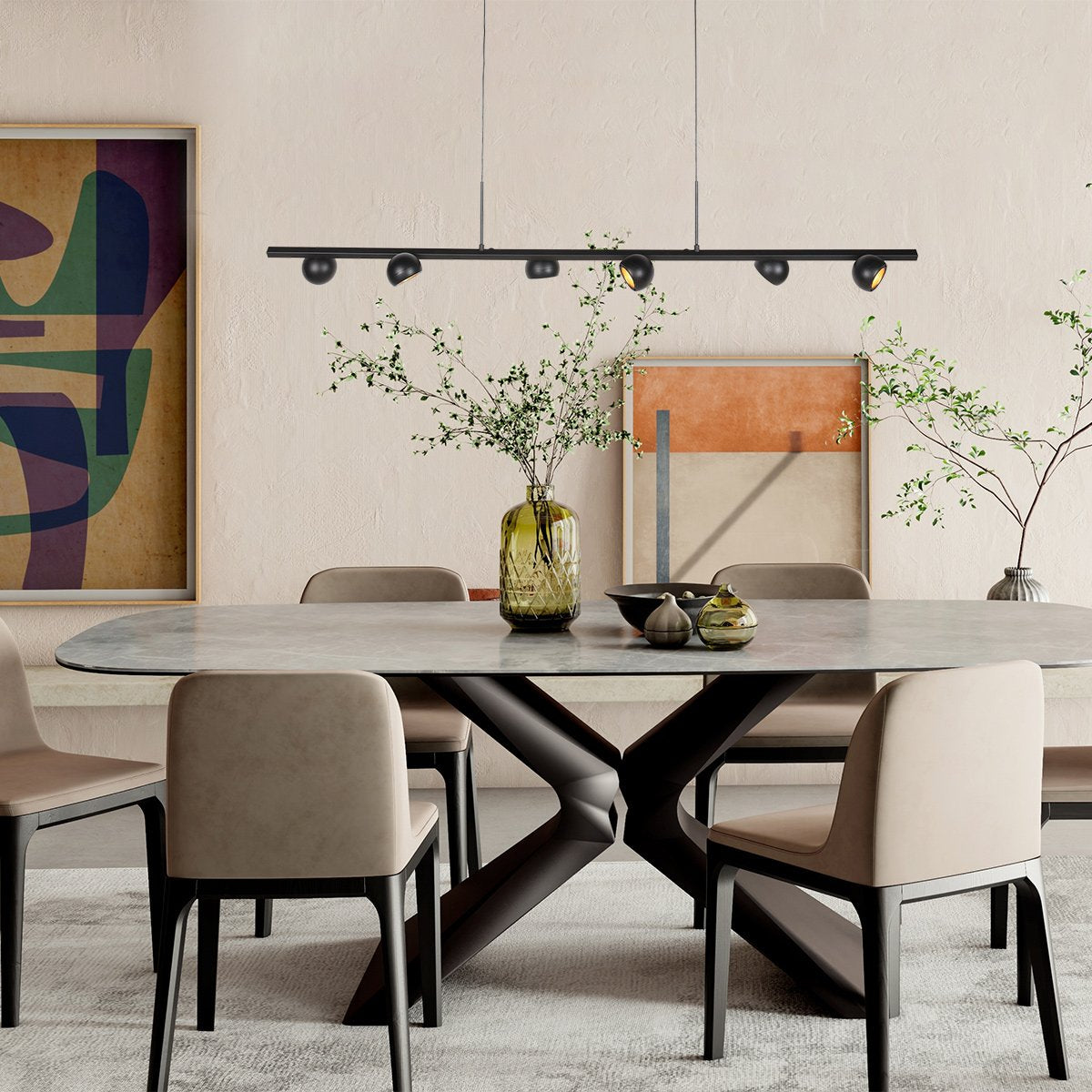 Zwarte hanglamp Marcadore 120cm breed 6 lichts met draaibare reflector kogels, verstelbaar in hoogte, van Steinhauer van kunststof en metaal, modern retro stijl, voor binnen gebruik