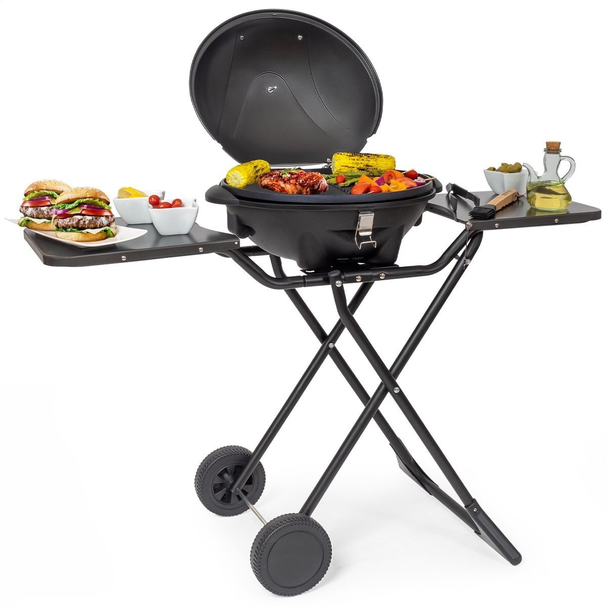 KitchenBrothers Elektrische BBQ - met Wielen - Opvouwbaar - Anti-aanbaklaag - 46,5 x 33,8cm - tot 250°C - 2400W - Zwart