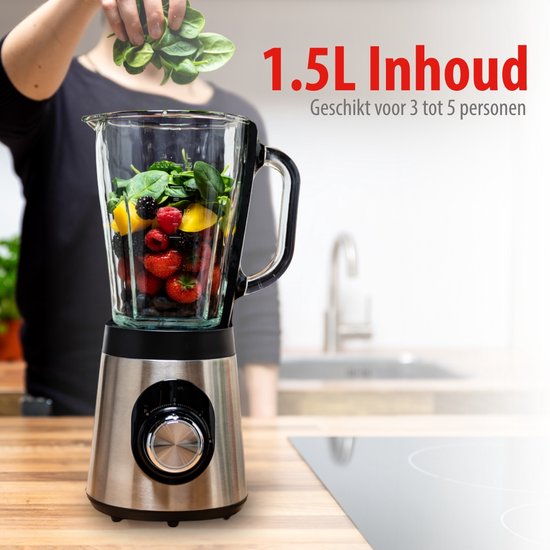 alpina Blender Smoothie 1.5L - Mixer 500W met Glazen Kan - Keukenmixer met 2 Snelheden en Pulserende Functie - Antislip Voetjes - Eenvoudig te Reinigen