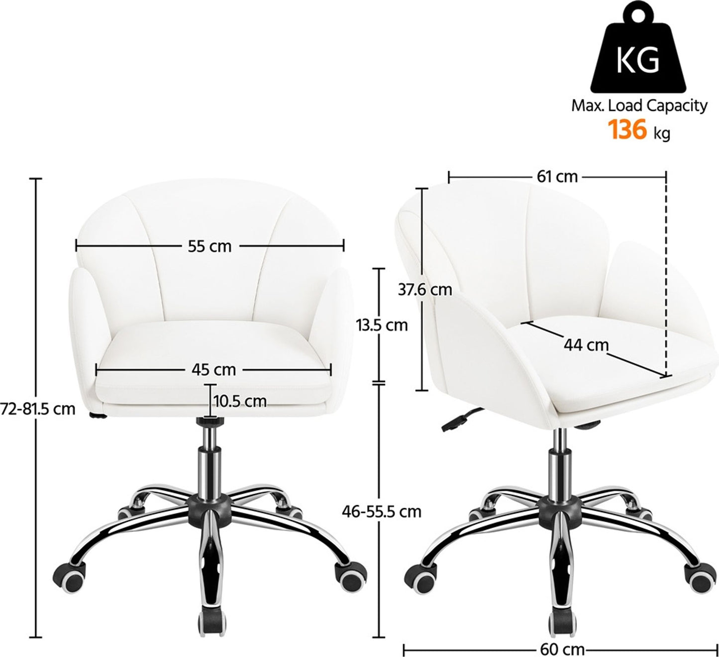 Yaheetech Bureaustoel Draaistoel met Wielen - Hoogte Verstelbaar - Kunstleer - Belastbaar tot 136 kg - 60 x 61 x 72-81,5 cm - Wit