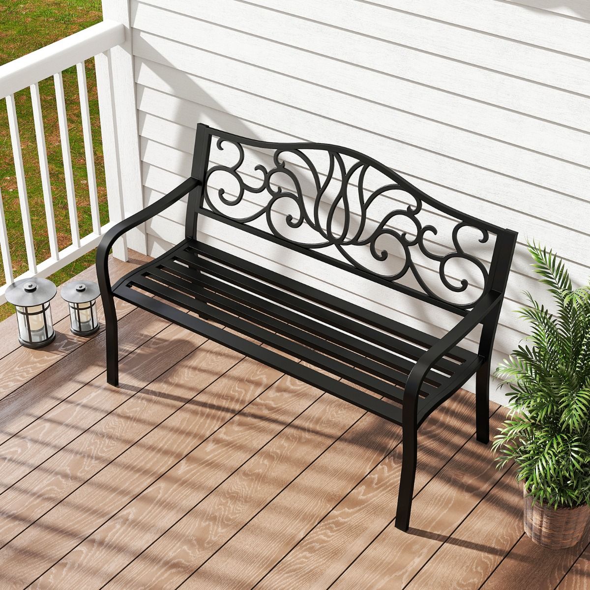 coast Tuinbank Zwart - Gietijzeren Rugleuning met Bloemenpatroon - 127 x 61 x 89 cm - 2-3 Persoons Terrasbank met Armleuningen