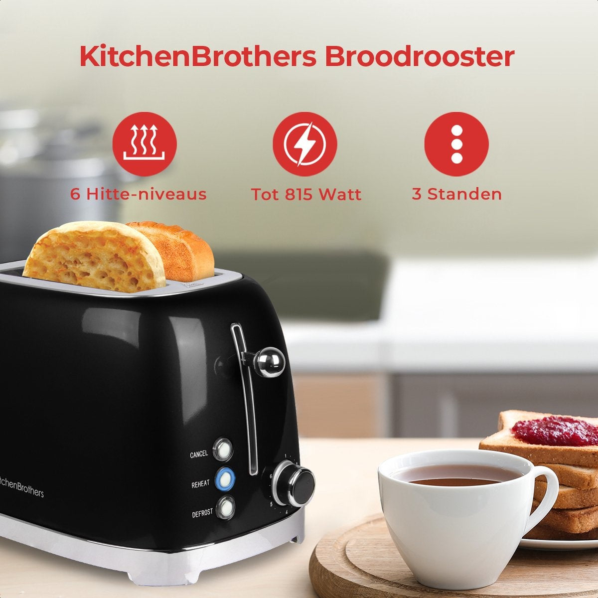 KitchenBrothers Retro Broodrooster - Toaster - 6 Warmteniveaus - 2 Extra Brede Sleuven - 815W - Zwart