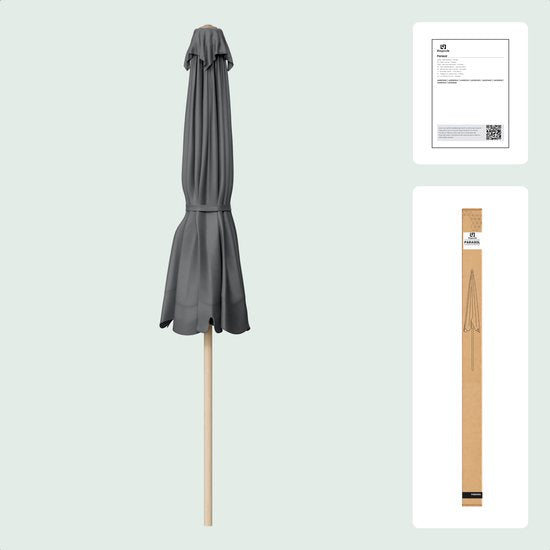 LifeGoods Parasol - Tuin - Balkonparasol - 200x125cm - 30° Kantelbaar - Waterdicht - UPF50+ - Houtkleurige coating - Donkergrijs