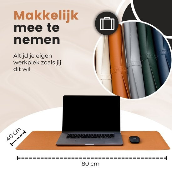 WURK Professionele Bureau Onderlegger Kunstleer – Bureau Organizer – Bureau Accessoires – Muismat XXL– Inclusief Kabel Clip – 80x40 – Cognac Bruin