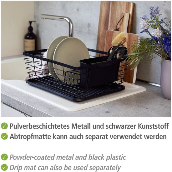 WENKO Afdruiprek Drip zwart 36x30cm met lekbak en bestekhouder - Afwasrek - Afdruiprek met lekbak zwart