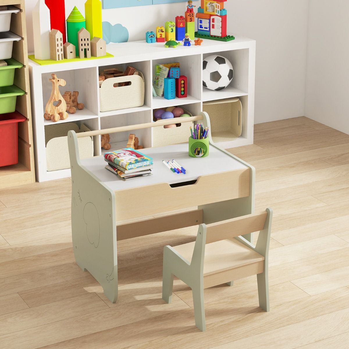 Coast 3-in-1 Kindertafelset - met omkeerbaar tafelblad en verborgen opbergruimte - groen
