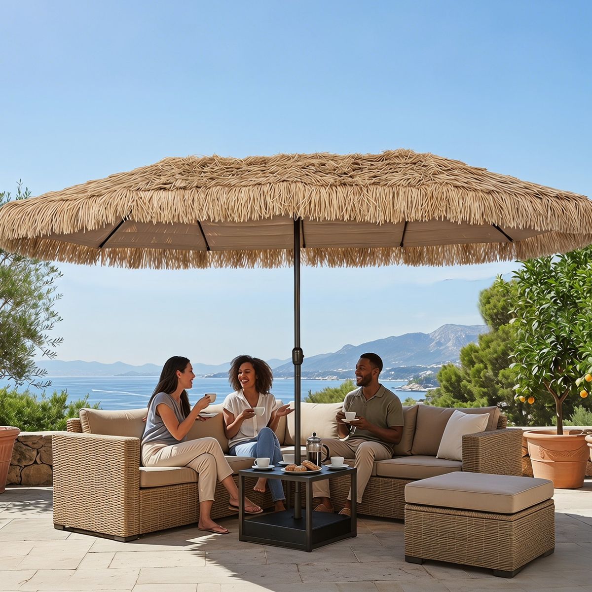 Coast Dubbele Stroparasol - tropische Hawaiiaanse stijl - zonder lamp, zonder parasolhouder - 450 x 270 cm - naturel