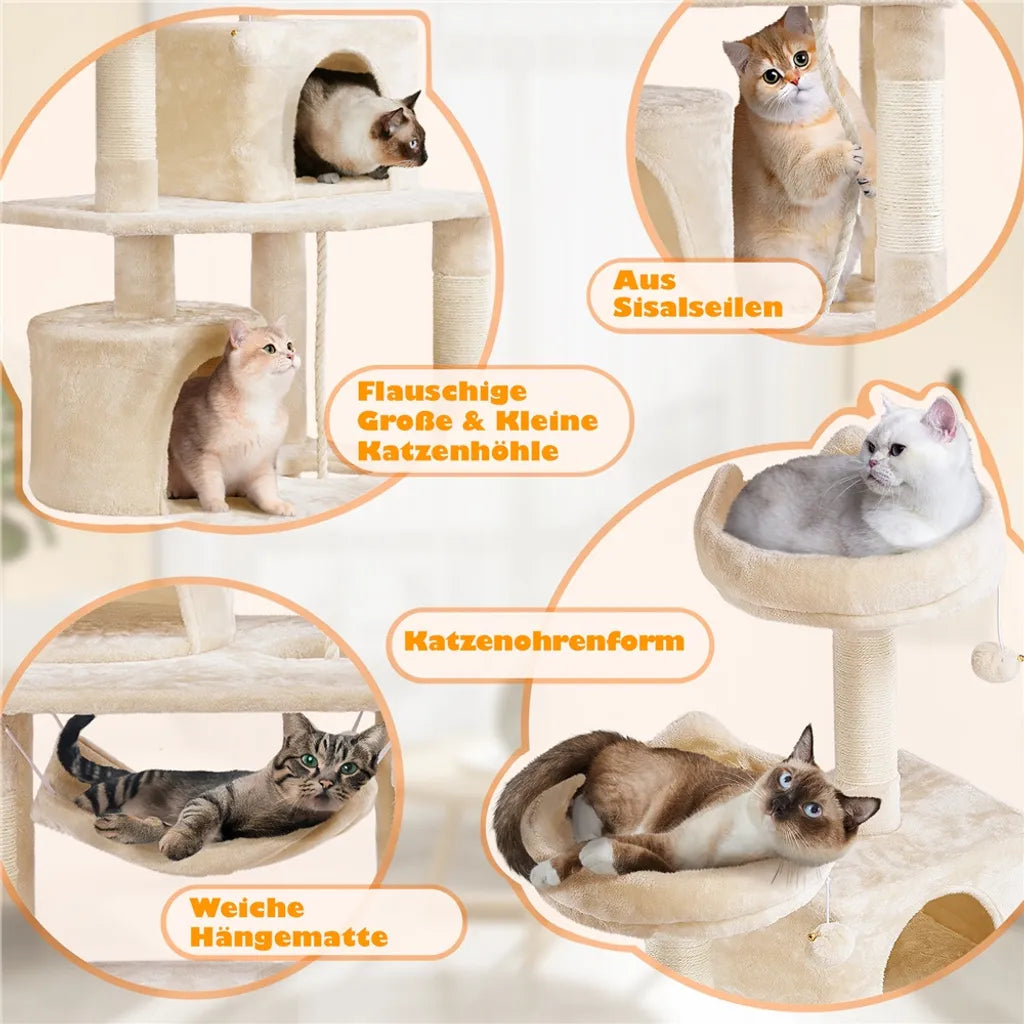 Yaheetech Krabpaal Beige – 158 cm Hoog – Met 2 Platforms, 2 Kattenhuisjes en 5 Sisal Krabpalen