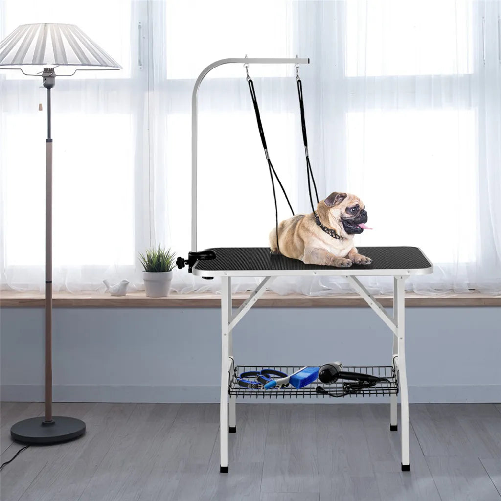 Yaheetech Hondentrimtafel 91 x 61 x 80 cm - Zwart - Opvouwbare Verzorgingstafel met Verstelbare Trimarm en Opbergmand