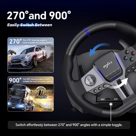 PXN Gaming Stuur - V9 Gen 2 - 270/900° - Pedalen - Shifter - Multiplatform - Zwart