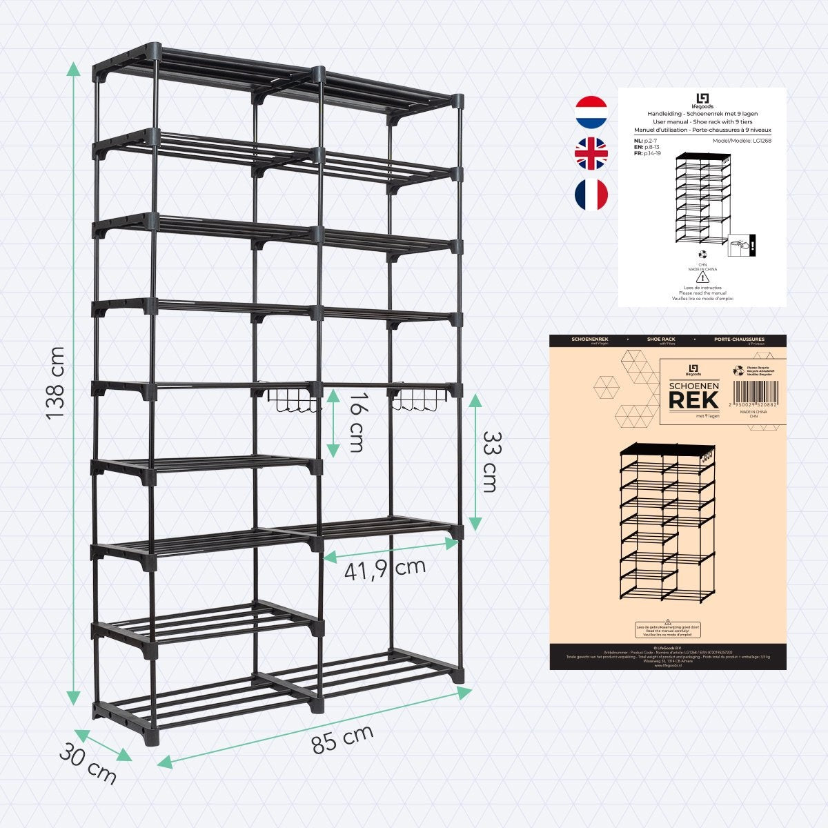 LifeGoods Schoenenrek - 9 Laags - Inclusief Haakjes - Schoenenkast - Opbergsysteem 32 Paar schoenen - Metaal - Zwart