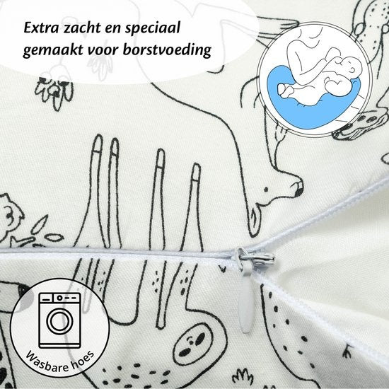 EL-Life Voedingskussen met hoes van 100% katoen - Zwangerschapskussen - Inclusief afneembare en wasbare hoes - Dieren print