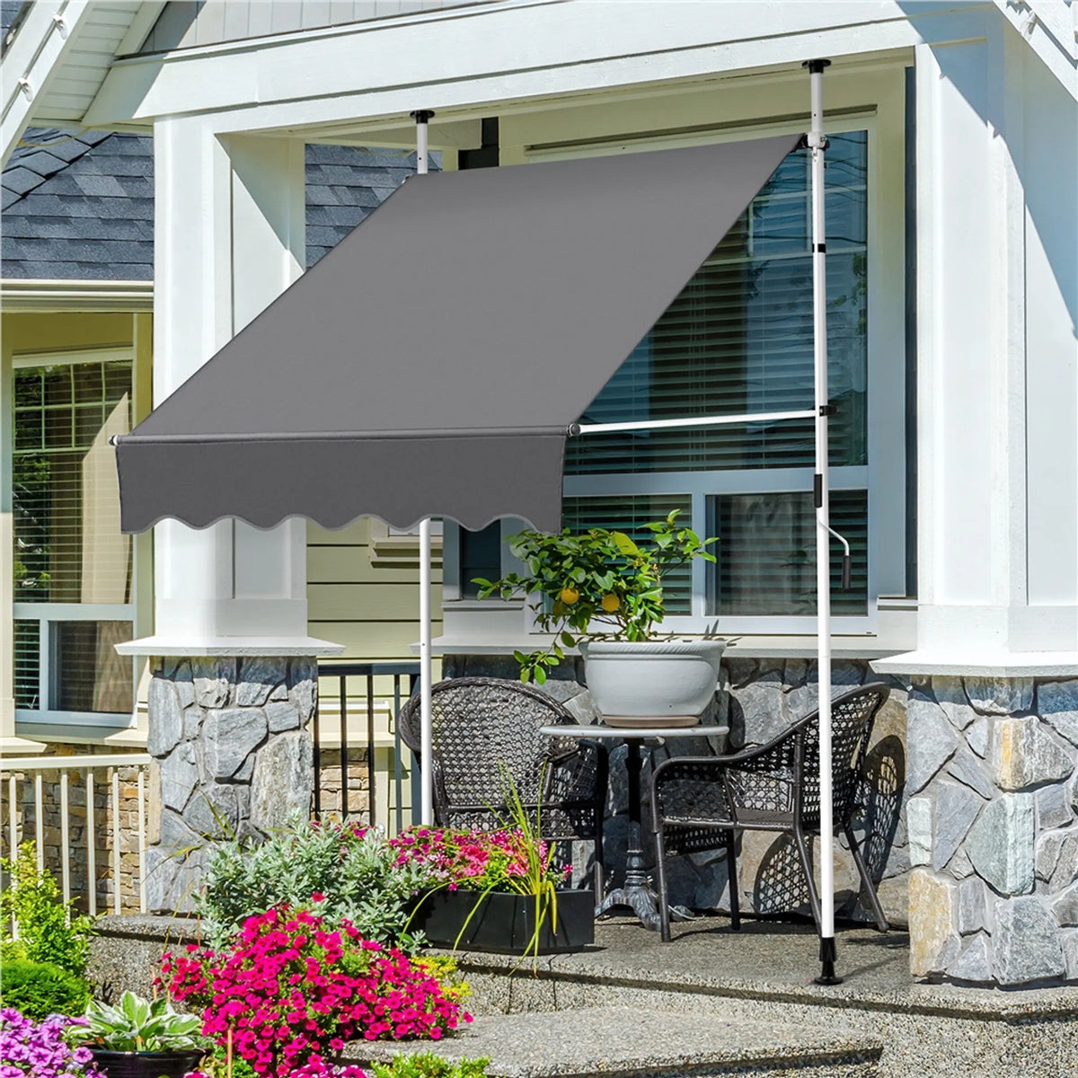 Yaheetech Klemzonnescherm Met Handslinger – Voorzien Van In Hoogte Verstelbare Telescopische Stangen En Waterafstotend Doek En Beschermvoetjes – Voor Balkon En Terras – Donkergrijs Polyester En Metaal – 150 x 180 x 210-300 cm