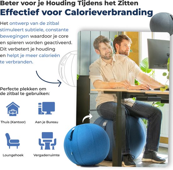 Backerz Zitbal 65 CM - Zitballen met Hoes Linnen - Ergonomische Bureaustoel Kantoor en Thuis - Luxe Yoga Bal - Licht Blauw