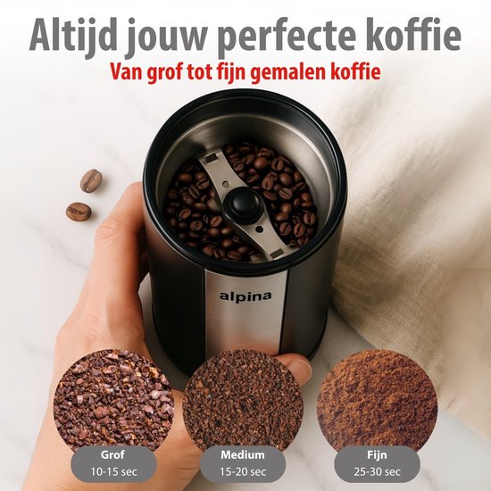 alpina Elektrische Koffiemolen 200W - Coffee Grinder voor 70g Koffiebonen - Bonenmaler met RVS Messen - Maler met Veiligheidsslot - Zwart