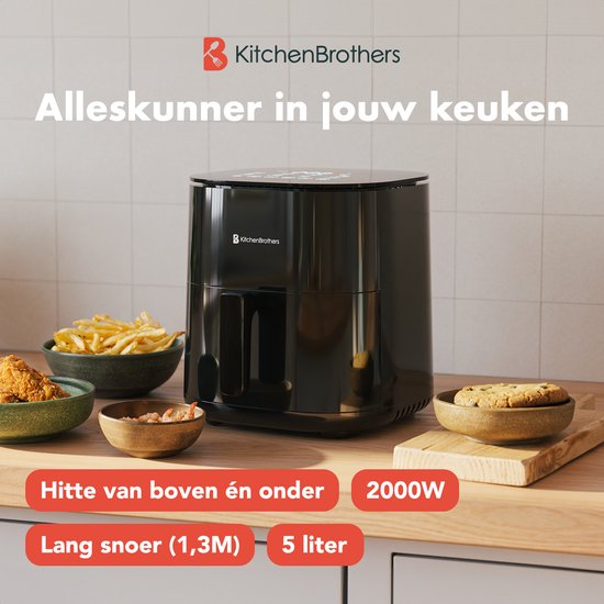 KitchenBrothers Airfryer XL - 5L - 2000W - Heteluchtfriteuse - Dual Heating - 80ºC tot 200ºC - 8 Kookprogramma's - Zwart