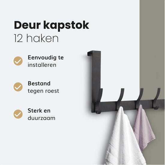 Deur kapstok - 12 haken - RVS - Hangend - Kapstokken - Kleer - Kleding - Hangers - Haak - Vintage - Industrieel - Garde robe - Zwart - Luft
