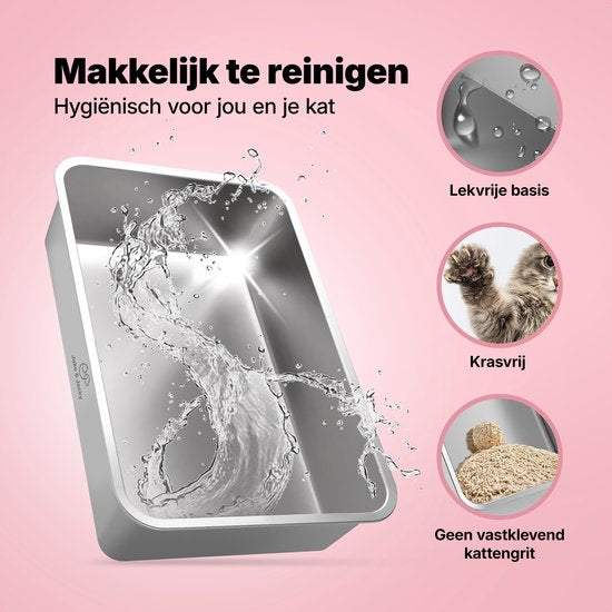 Jake en Jacky RVS Kattenbak Hop In - Kattentoilet Roestvrijstaal - Incl. Kattenbakschep met Houder en Gritopvang Opstapje - Top Entry - 3 in 1 Open Kattenbak met Afneembare Deksel - 60x40x38cm - Grijs