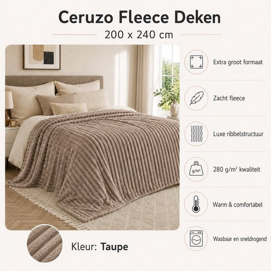 Ceruzo Fleece Deken 200x240 cm - XXL Plaid - Taupebruin - Zacht Fleece - Sprei 2persoonsbed