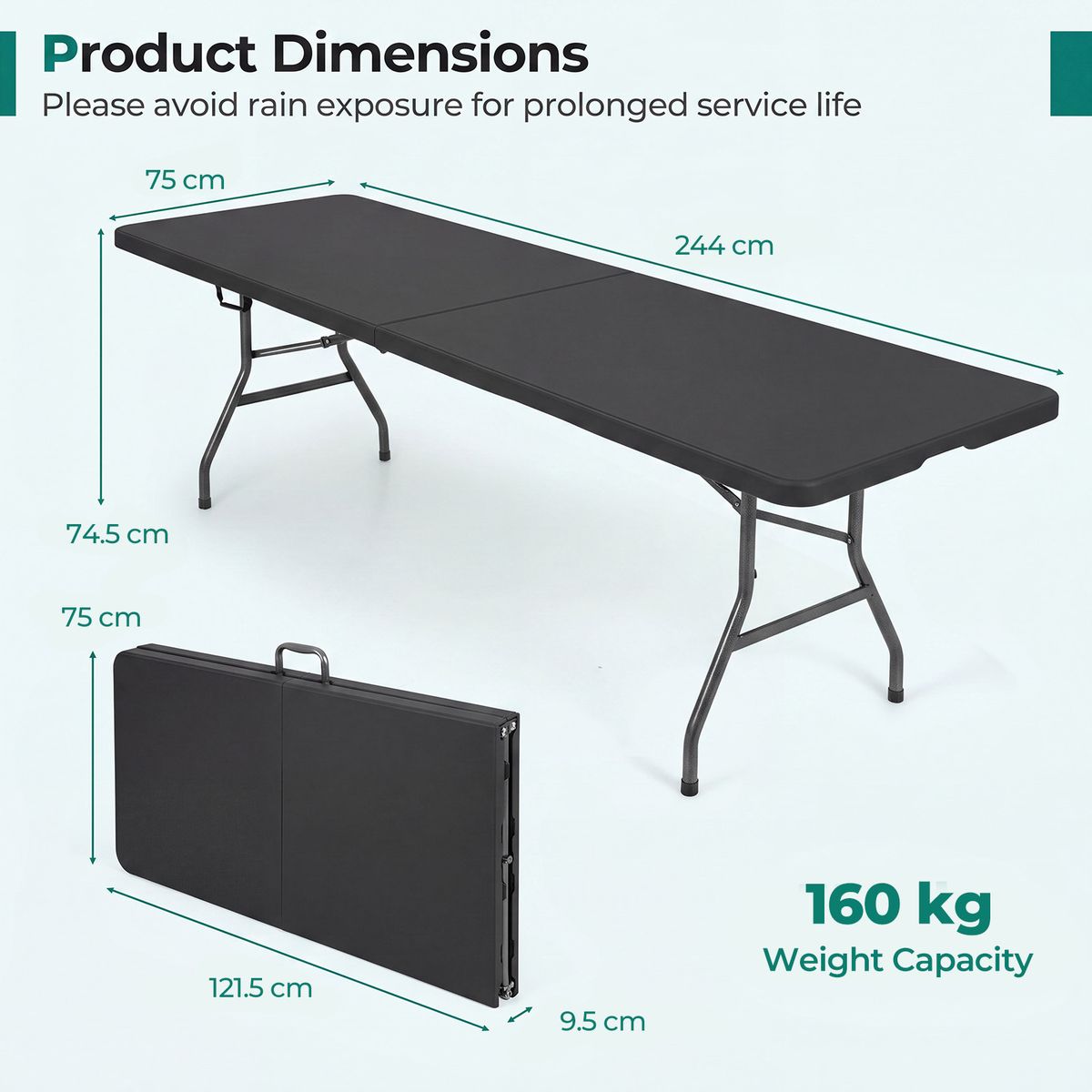 Coast Inklapbare Tuintafel - geschikt voor 10 personen - draaghandvat - zwart - 244 x 75 cm