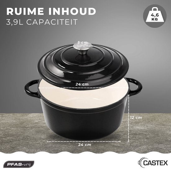 Castex Elegance Royal Gietijzeren Braadpan met Deksel 24 cm - Inductie Pan - Braadpannen Gietijzer - Zwart