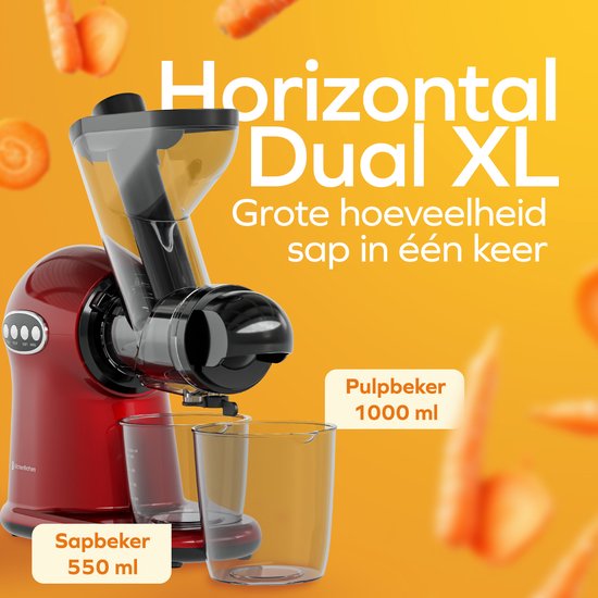 KitchenBrothers Slowjuicer XL - Sapcentrifuge - Groenten- en Fruitpers - 43 mm en 70 mm invoer - 500 ml - Rood