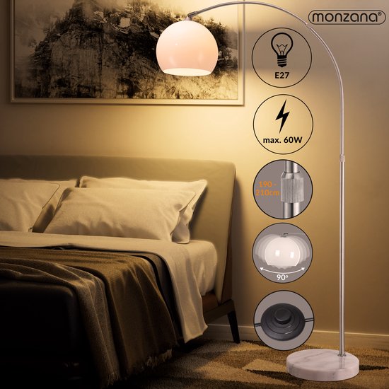 Monzana Booglamp Staande Vloerlamp – In Hoogte Verstelbaar Met Marmeren Voet En Verstelbare Lampenkap – Voor Woonkamer En Leeshoek – Zilver Roestvrij Staal En Opaalwit Kunststof – 190-210 cm