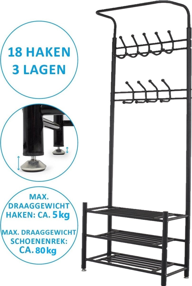 O'DADDY® kapstok staand – kapstokken - kapstok met schoenenrek – kapstok zwart - garderoberek - garderoberek met kapstok - garderoberek met schoenenrek- garderoberek metaal - 66 x 30 x 190 cm - zwart