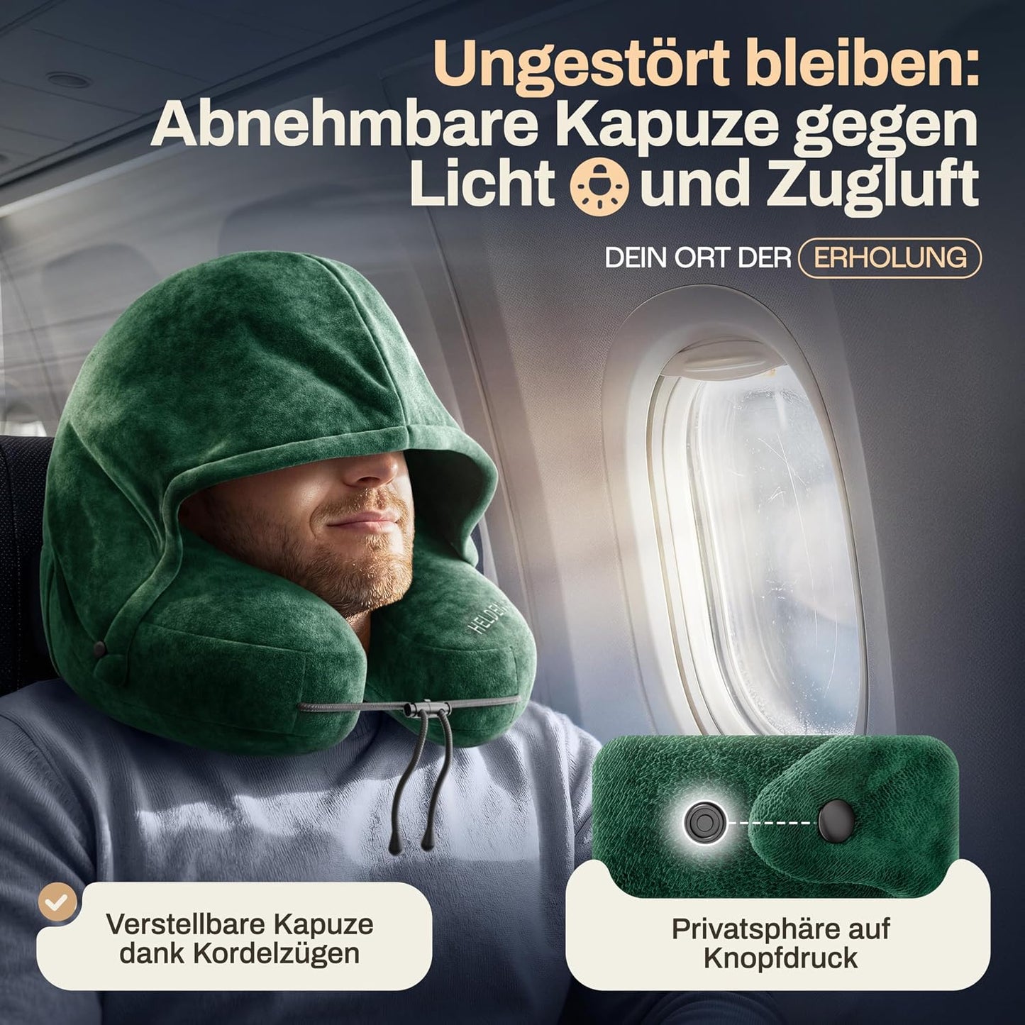 Heldenwerk® Premium Air Nekkussen – ErgoRing – Opblaasbaar – Met Capuchon & Oordopjes